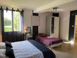 索恩河畔贝尔维尔Domaine de la Noiseraie - Suites spacieuses的一间卧室设有两张床和窗户。