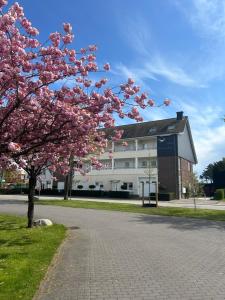 格洛米茨Haus Meeresbrise的一座建筑物前有粉红色花的树