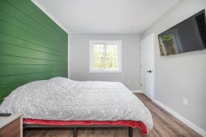Fort CoulongeRiverside Retreat: Maazah Cottage的一间卧室配有一张带绿色墙壁的床