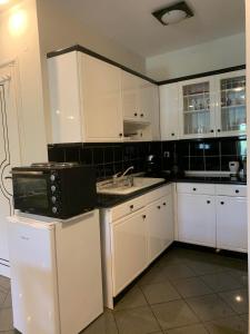 SkalánionEden Garden Villa的厨房配有白色橱柜和黑微波炉