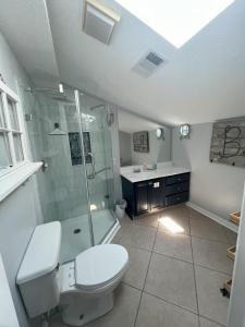 德斯坦Isle Be Back的浴室配有卫生间、淋浴和盥洗盆。