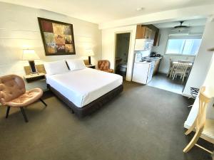 帕克斯维尔杨梅丛汽车旅馆的一间带白色大床的卧室和一间厨房