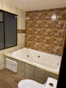 拉巴斯Hotel Esmeralda的带浴缸和卫生间的浴室。