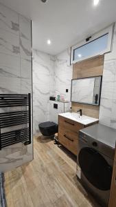布雷斯特Maisonnette tout confort.的一间带水槽和镜子的浴室