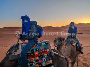 梅尔祖卡Acacia Desert Camp的两个人骑着骆驼在沙漠中