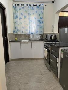 TezoVipingo Nomadic Apartment的厨房配有水槽、炉灶和窗户。