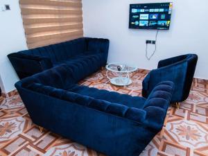塔马拉Adnan lodge的客厅配有两张蓝色沙发,配有一张桌子