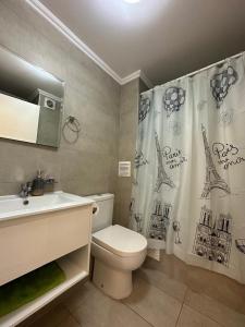 洛斯安赫莱斯Confortable Dpto 2D y 2 baños的浴室设有卫生间、水槽和淋浴帘
