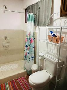 利比里亚Hostel Casa Mar的一间带卫生间和淋浴帘的浴室
