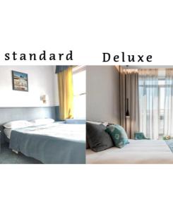 米兰Hotel Vitruvio的一张床位的房间和一间卧室的两张照片