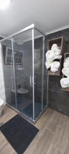 拉日什杜皮库Casa das Pedras Altas的浴室设有玻璃淋浴间,备有毛巾