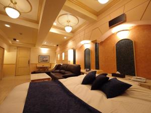 姬路ホテル カーシュ Cache 男塾ホテルグループ的一间带大床的卧室和一间客厅