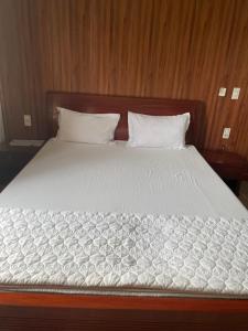 海阳Trúc Lâm hotel的一张配有白色床单和枕头的大床