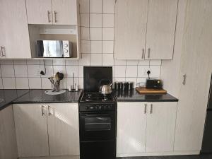 昆斯敦Amberdale Estate Self Catering的厨房配有黑炉和白色橱柜。