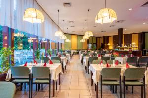 索普隆索普隆情人酒店的用餐室配有桌椅和吊灯。