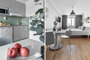斯德哥尔摩Forenom Hotel Kista的厨房和客厅的两张照片