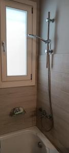 安德罗斯Andros Guesthouses的带淋浴的浴室和窗户。