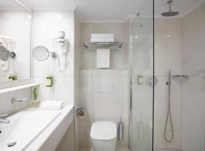 法里拉基阿波罗海滩酒店的带淋浴、卫生间和盥洗盆的浴室