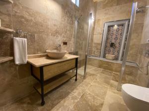 恰乌辛Cappadocia Fairy Tale Suites的一间带水槽、卫生间和淋浴的浴室