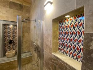 恰乌辛Cappadocia Fairy Tale Suites的带淋浴的浴室和玻璃门