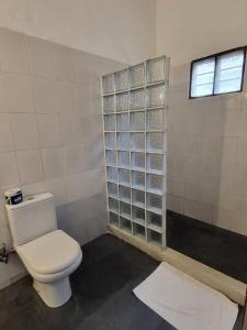 南威Babalao Bungalows的一间带卫生间和玻璃墙的浴室