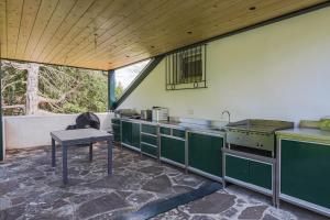 圣皮索内维尔Belle maison basque avec grande Piscine chauffée (5x10m2)的厨房配有绿色橱柜和桌子