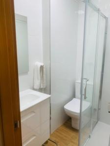 圣地亚哥－德孔波斯特拉Apartamento O Castro的白色的浴室设有卫生间和玻璃淋浴间。