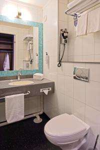 朗伊尔城斯匹次卑尔根岛极地丽笙酒店的一间带卫生间、水槽和镜子的浴室