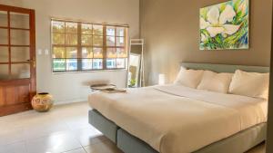 奥拉涅斯塔德Talk of the Town Inn & Suites - St Eustatius的一间卧室设有一张大床和一个窗户。