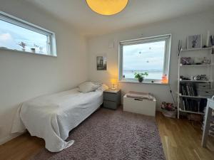 TorslandaFantastic villa with a sea view in Torslanda的一间卧室设有一张床和两个窗户。