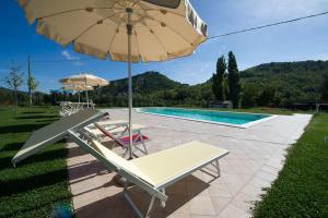 FermignanoAgriturismo Verziere的一个带遮阳伞和椅子的庭院和一个游泳池