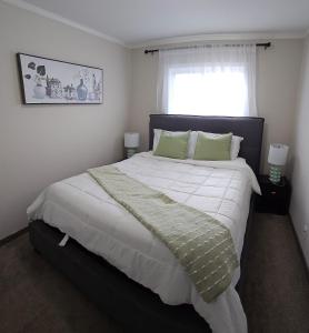 萨斯卡通3 bedroom Town in Stonebridge unit 303的一间卧室配有一张带绿色枕头的大床