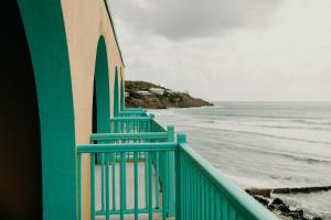 克里斯琴斯特德Grapetree Bay Hotel and Villas的海滩上的绿色栏杆与海洋