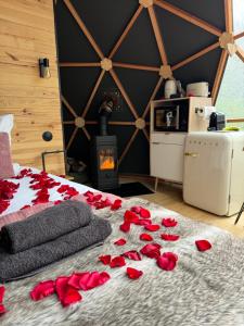 摩泽尔河畔的鲁普特Dôme l'Escapade Insolite的一间铺有红色玫瑰花瓣的床的客房