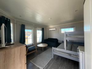 MyreOppmyre Camping的小房间设有双层床和沙发