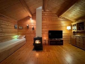 TornesTraditional Norwegian log cabin with sauna by the sea的客房设有壁炉、床和电视。