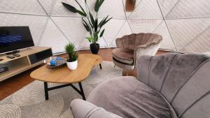 昆达桑Syameen's Glamping Dome的客厅配有两把椅子、一张桌子和一台电视