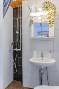 赫尔辛基Nordstay - Stylish Central Studio self check-in的一间带水槽和淋浴的浴室