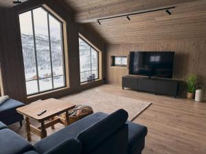松达尔Hytte i Sogndal med panoramautsikt的带沙发和电视的客厅