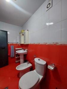 地拉那GEX Guest House的红色的浴室设有卫生间和水槽