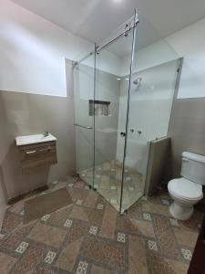 蒙塔尼塔Palmendros Hosteria的一间带玻璃淋浴和卫生间的浴室