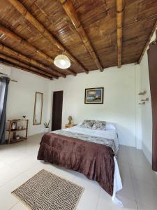 蒙塔尼塔Palmendros Hosteria的一间卧室设有一张床和木制天花板