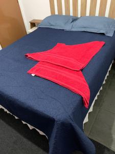 巴西利亚kitnet para casal em Taguatinga-DF的蓝色床上的红色毛巾
