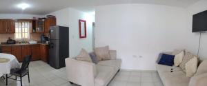 蓬塔卡纳Hostal Palmas De Punta Cana的一间带两张沙发的客厅和一间厨房