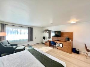 尤克卢利特Ukee Peninsula Motel的配有一张床和一张书桌的酒店客房