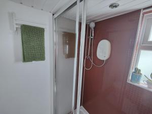 布莱顿霍夫Tiny float home Brighton的浴室里设有玻璃门淋浴