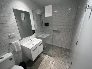 MortdaleMortdale Hotel的一间带水槽、卫生间和镜子的浴室