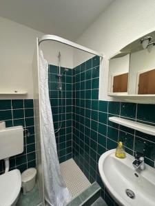达默Feriengarten Dahme W 15的绿色瓷砖浴室设有淋浴和水槽