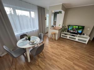 塔林Tallinn Panorama Apartment Majaka的客厅配有桌椅和电视。