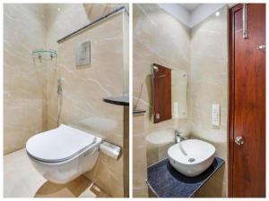 新德里HOTEL IVORY INN NEW DELHI At IGI AIRPORT的浴室的两张照片,配有卫生间和水槽